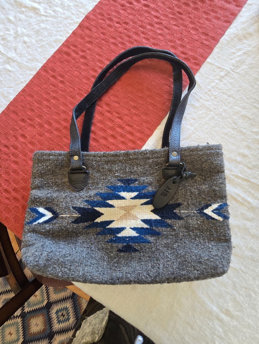 Wool Aztec Tote Bag with Leather Handles - Gray & Blue Native Print Bag